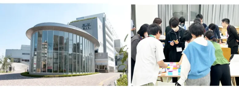 日本大学芸術学部江古田キャンパス（左）と日藝生ワークショップの模様（右）